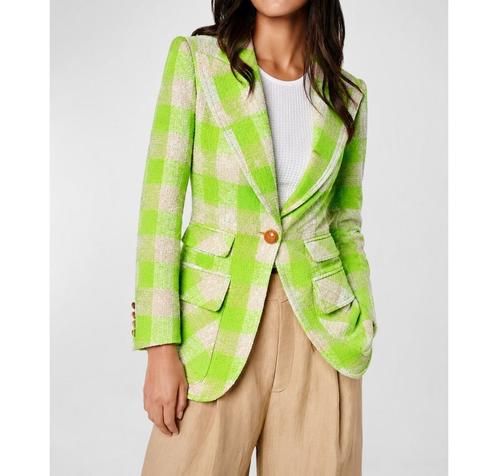 RARE Smythe Birkin Blazer Size 4 Green Plaid Tweed Cotton Tailored Luxury Jacket